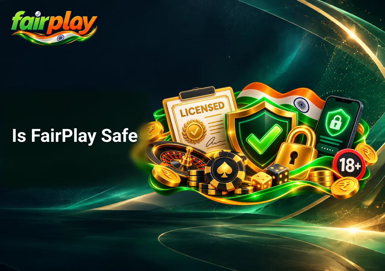 FairPlay casino safety and security illustration featuring a licence certificate, protective shield, padlock and responsible gaming 18+ symbol.